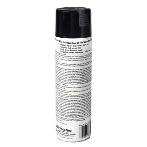 Back of Wipe New Blazing Wet Tire Shine aerosol can highlighting instructions, warnings, and features for deep black wet-look shine