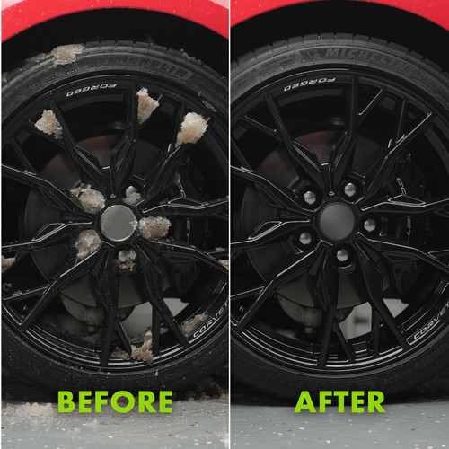 A split-screen image contrasts a car wheel before and after cleaning. The 'BEFORE' panel on the left shows the black multi-spoke rim and Michelin tire covered in snow and ice. The 'AFTER' panel on the right reveals the same wheel, now immaculately clean and glossy, clearly showing the black rim, legible tire markings, and the red Corvette brake caliper behind the spokes.