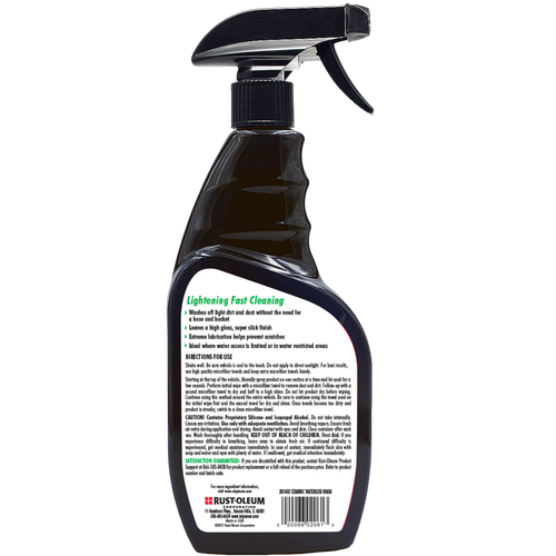 Back label of Wipe New Waterless Speed Wash bottle outlining water-free car wash instructions, slick finish, and high-lubrication cleaning formula