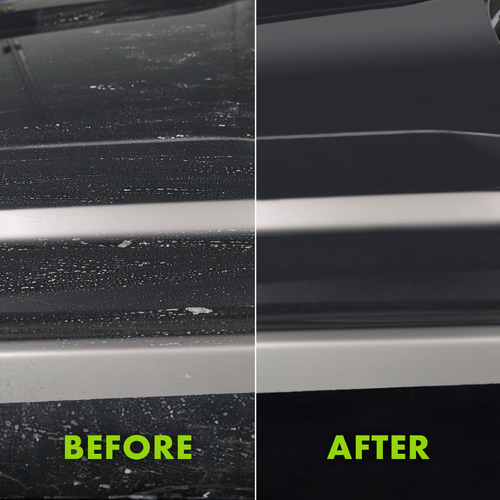 Before and after close-up of vehicle panel cleaned with Wipe New Waterless Speed Wash showing dirt removal and glossy surface