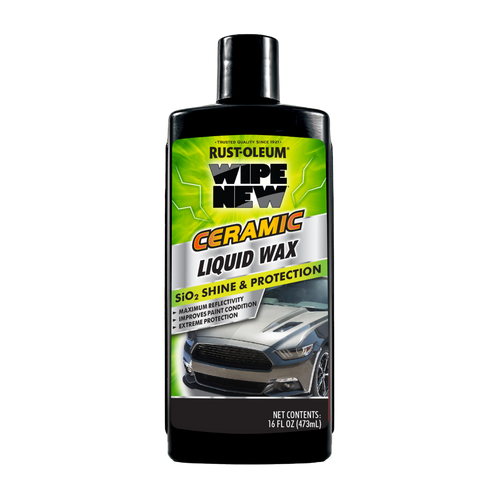 Wipe New Ceramic Liquid Wax product against a white background. The bottle is designed with sleek branding and vibrant labels, showcasing its ceramic-infused formula. Text on the label emphasizes its ability to enhance car paint with a glossy, highly reflective finish while offering UV protection.