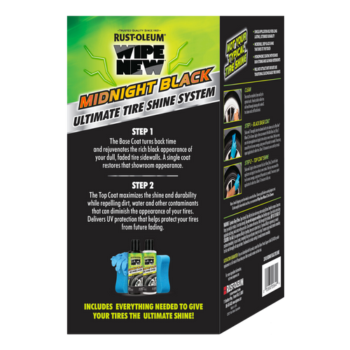 Back of Wipe New Midnight Black Ultimate Tire Shine System packaging showing step-by-step tire rejuvenation instructions and included product kit