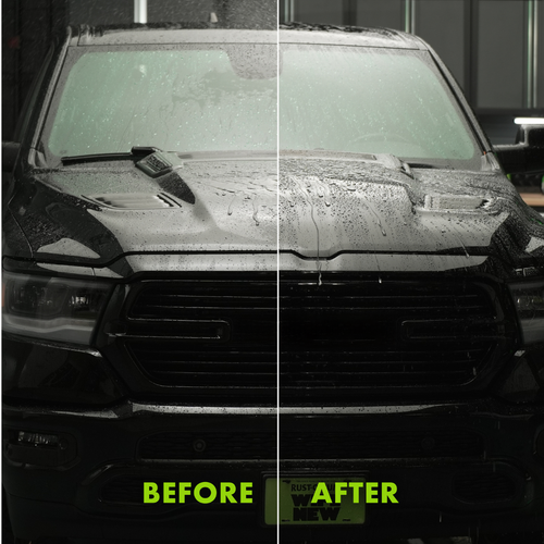Before and after results on black truck hood using Wipe New Blast Ceramic Coating showing enhanced water beading and shine