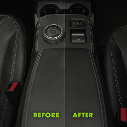Before and after results using Wipe New Ceramic Interior Detailer on black automotive center console and leather seats