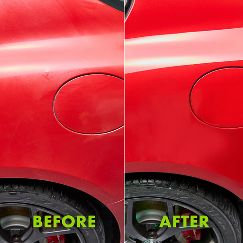 Before and after use of Wipe New Ceramic Detailer & Gloss Enhancer Turbo on red car body panel to reduce scratches and enhance shine