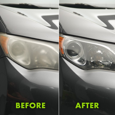 Side-by-side comparison of a car headlight before and after using Wipe New Clear Lens Headlight Restore, showing dramatic clarity improvement