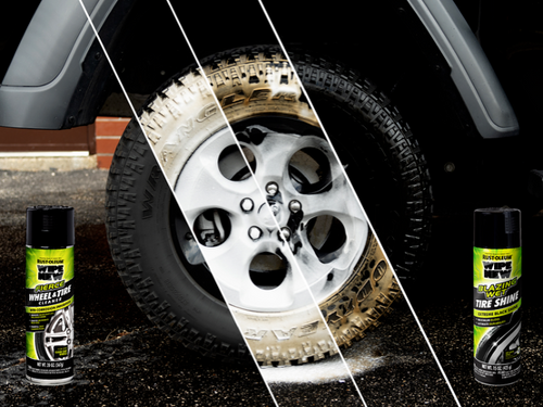 A dirty tire before cleaning, with a can of Rust-Oleum Wheel and Tire Cleaner on the left side and Blazing Wet Tire Shine on the right side.