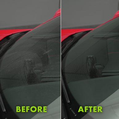 Before and after of glass cleaner on windshield.