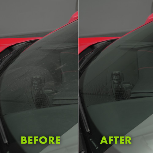 Car windshield comparison showing before and after cleaning. Left side is dirty, right side is clear.