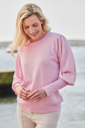 Matilda Puff Sleeve Cashmere Crew Neck Sweater in baby pink