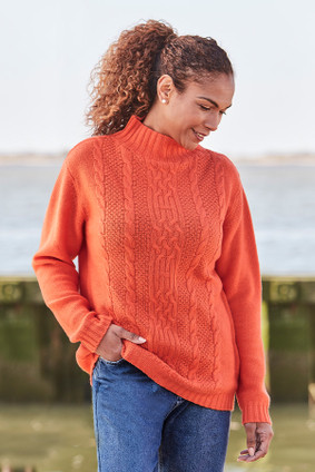 Leila 6 Ply Cashmere Cable High Neck in clementine