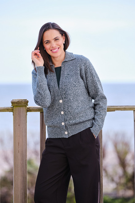 Cashmere 4 Ply Collar Cardigan Size M Bottle/Marble