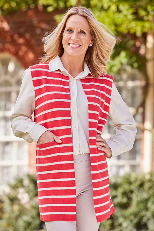 Emma Striped Cashmere Gilet in Cherry