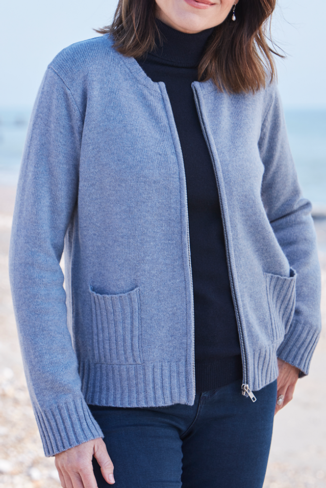 Karen 4 Ply Cashmere Zip Up Cardigan in Rockpool