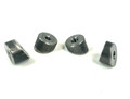 Pair of tapered steel seat pan bungs cut at 20-degree angle, tapped for 3/8"-16 or 5/16"-18 thread, used for sprung motorcycle seat springs.