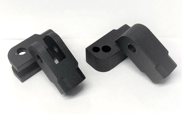Pair of black 6061 aluminum footpeg adapters for 2018 and newer Harley Softail clevis, tapped 3/8-16, with 360-degree adjustability.