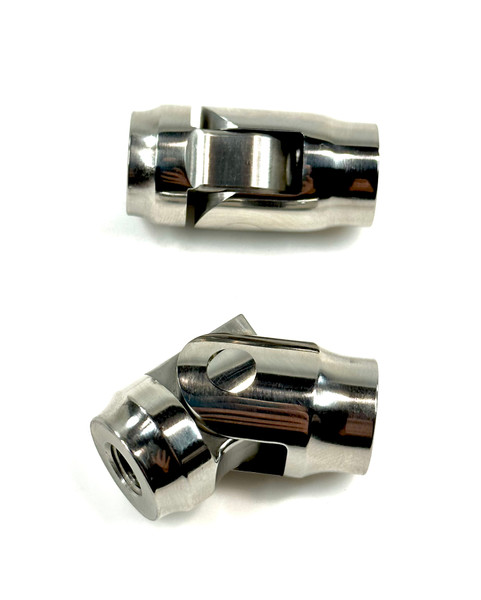 Polished stainless steel footpeg pivot set with dual 3/8-16 threaded holes, ideal for DIY motorcycle footpeg builds and custom applications.