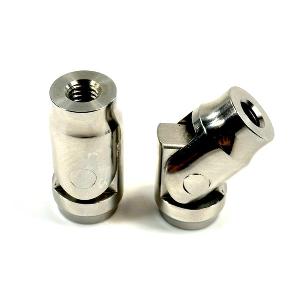 Pair of universal stainless steel footpeg pivots tapped 3/8"-16 on both ends, used for custom motorcycle peg fabrication or control setups.