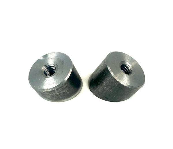 Angled seat spring mounting bungs for motorcycle seat pans, made from 1-inch cold rolled steel with 20-degree taper, threaded for easy spring installation.