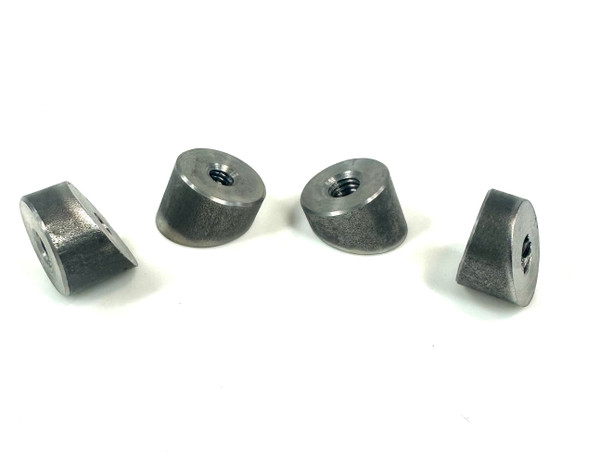 Pair of tapered steel seat pan bungs cut at 20-degree angle, tapped for 3/8"-16 or 5/16"-18 thread, used for sprung motorcycle seat springs.