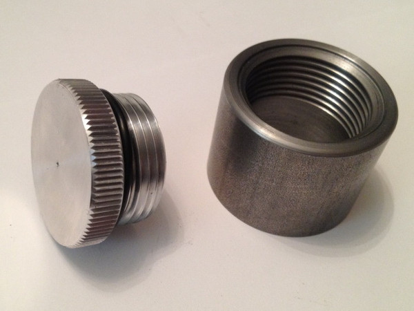 Tall weld-in filler neck with aluminum cap, 1.25"-12 thread, vented or non-vented, mild steel bung for gas or oil tanks, made in the USA.