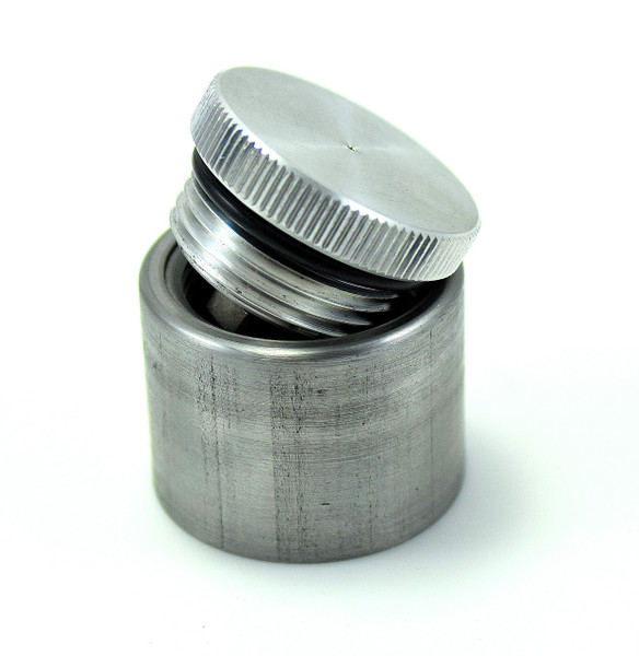 Aluminum filler cap with tall mild steel weld-in neck, 1.25" thread, for custom gas or oil tanks, available vented or non-vented.