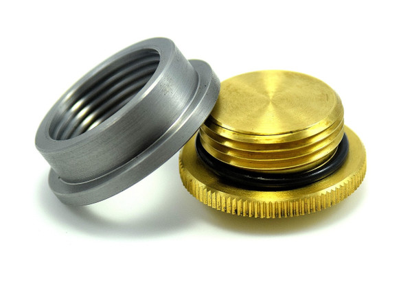 Non-vented brass cap and weld-in bung kit for custom oil or overflow tanks, threaded 1.250"-12 with replaceable O-ring.