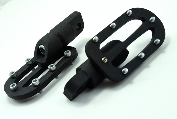 Adjustable Harley foot pegs with customizable grip pins and pitch, designed for Dyna, Sportster, FXR models from 1984 to 2017.