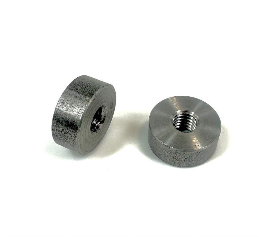 Low-profile seat pan bung for welding to thin metal seat pans, 1" diameter x .400" tall with threaded hole for mounting springs or pivots.