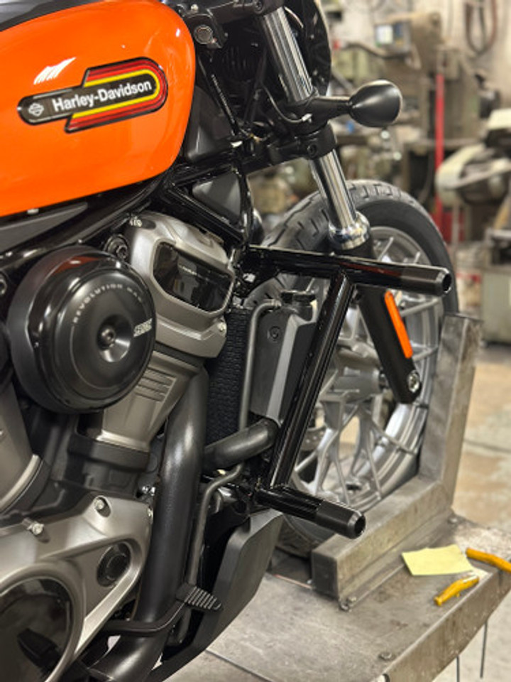 "Harley Davidson Nightster with Revo Twin crashbar installed, showing the enhanced bike protection "Harley Davidson Nightster with Revo Twin crashbar installed, showing the enhanced bike protection