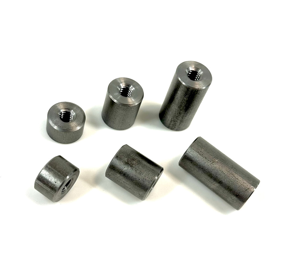 Three 1/4"-20 weld-in threaded bungs in 1018 steel, showing thru and blind lengths