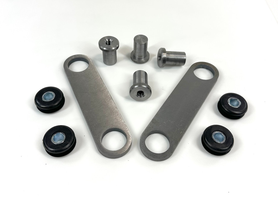 Weld-on rubber tank mounts with isolators and optional bungs for custom motorcycle tanks
