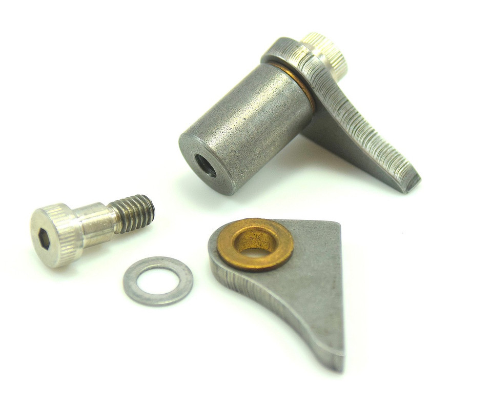 Complete weld-on front pivot assembly for sprung motorcycle seat, includes CNC-cut tabs, shims, bushings, and stainless hardware. Complete weld-on front pivot assembly for sprung motorcycle seat, includes CNC-cut tabs, shims, bushings, and stainless hardware.