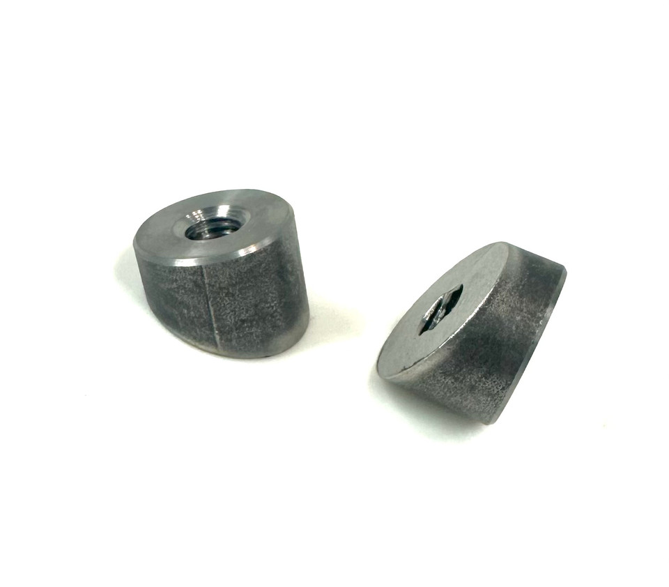 Weld-on tapered seat bungs for aligning springs on custom motorcycle seats, precision-cut at 20 degrees and tapped for 3/8-16 or 5/16-18 bolts.