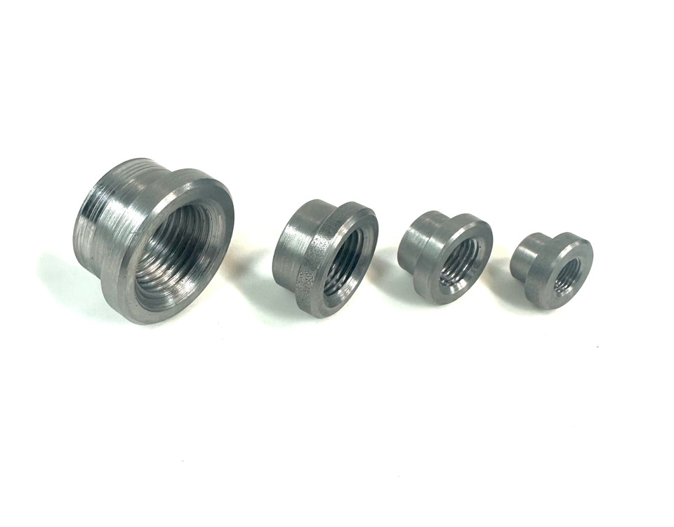 1018 mild steel NPT weld-in bungs in 1/8", 1/4", 3/8", and 1/2" sizes displayed together for comparison