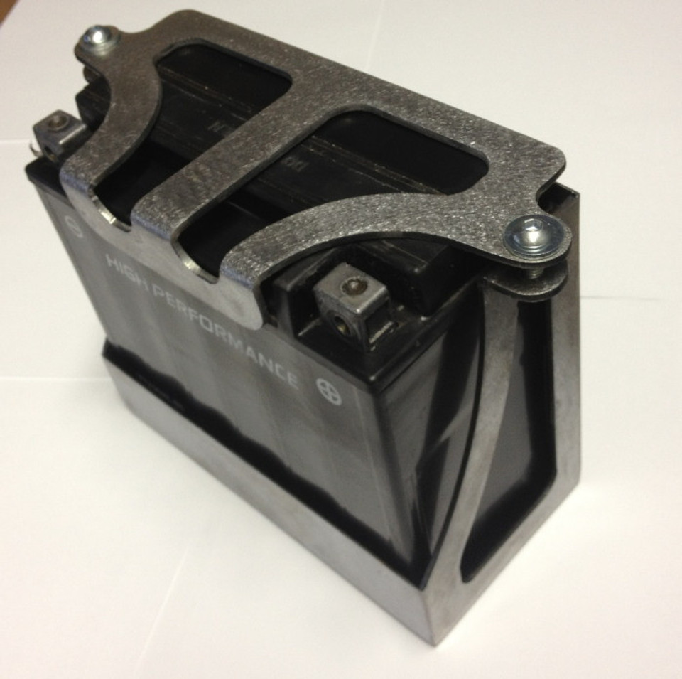 Steel battery box for custom Harley builds with mounting hardware