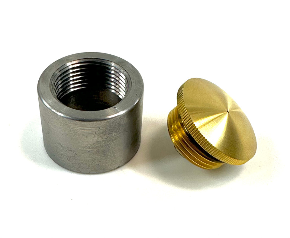 Solid brass filler cap with tall weld-in bung for gas or oil tanks, vented or non-vented, 1.25"-12 thread, steel or aluminum construction.