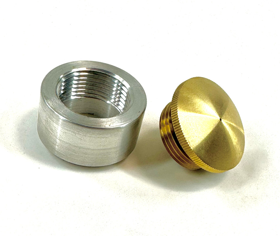 Tall weld-in bung with brass filler cap for custom motorcycle tanks, vented or non-vented cap with O-ring seal, 1.25"-12 thread.