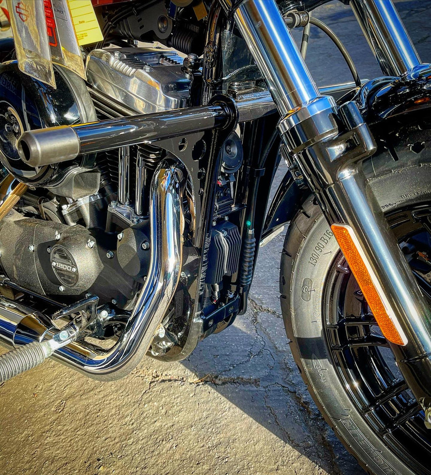 Forward control Sportster fitted with Sky Bar Crashbar for maximum clearance