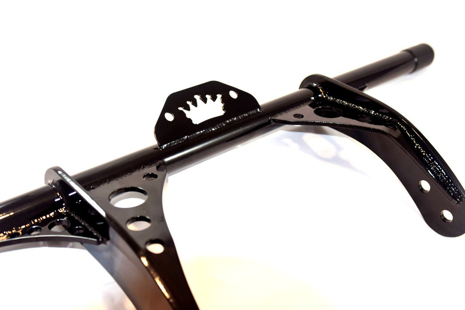 Gloss black powder-coated crash bar for mid control Harley Dyna