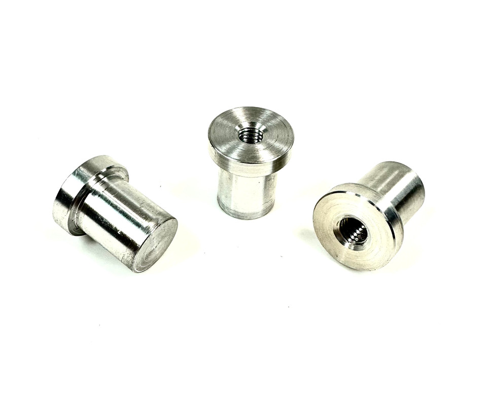 All three sizes of 6061 aluminum blind stepped bungs – 1/4-20, 5/16-18, 3/8-16 for tanks