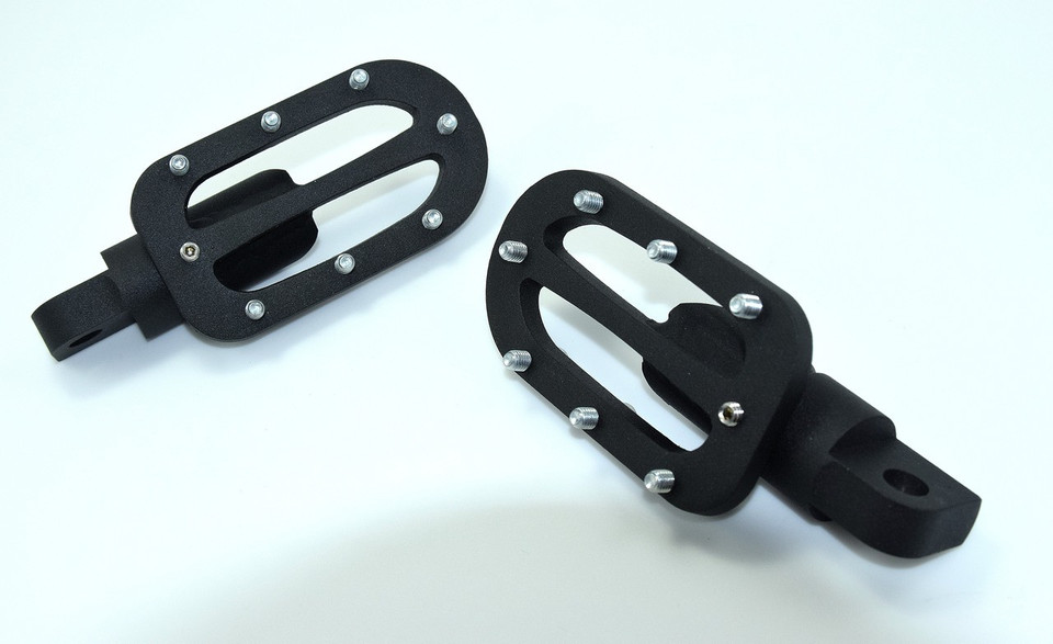 Powder-coated steel Gripper foot pegs offering greater ground clearance and adjustable pitch, fits most Harley clevis mounts 1984-2017.