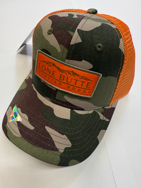 Lone Butte Hat Rectangle Logo - KIDS - Army Camo, Orange