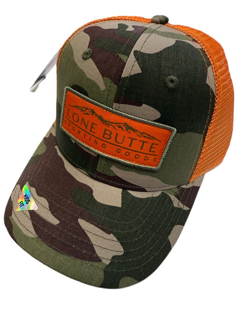 Lone Butte Hat Rectangle Logo -  Army Camo/Orange, *KIDS*