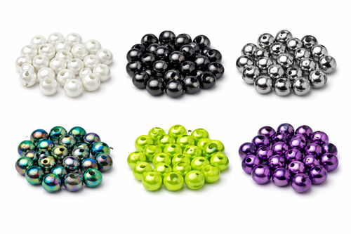 Tungsten fishing beads assortment in white, black nickel, black, rainbow, chartreuse, and metallic purple