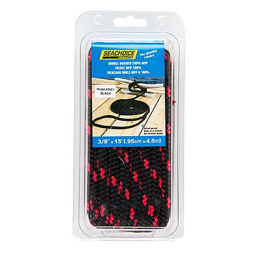 Seachoice 42431 High Quality Dock Rope for Boating - Double-Braid MFP Dock Line, 3/8-Inch x 15 Feet, Black/Red
