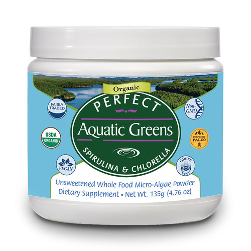 Front view of Perfect Aquatic Greens Organic, Gluten free containing spirulina, chlorella, unsweetened whole food powder from Perfect Supplements.