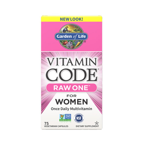 Front view of a bottle of Code Raw One for Woman from Garden of Life.