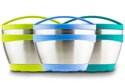 Front View of Three New Wave Enviro Safe Bowl in Lime, Teal, and Blue Front View of Three New Wave Enviro Safe Bowl in Lime, Teal, and Blue