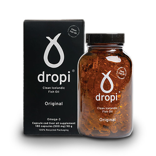 Picture of the front of a bottle of Dropi Pure Icelandic Cod Liver Oil Capsules, 180 count. Picture of the front of a bottle of Dropi Pure Icelandic Cod Liver Oil Capsules, 180 count.